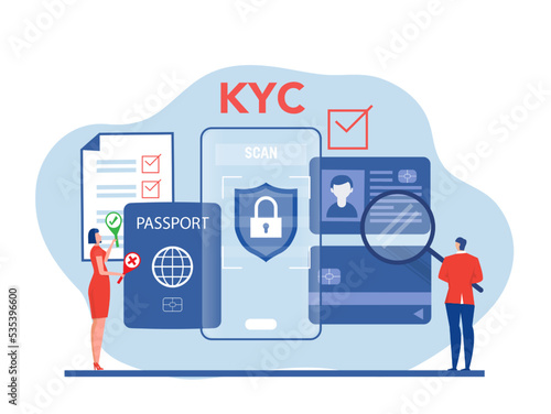 KYC or know your customer with business verifying the identity of its client's concept at the partners-to-be through a magnifying glass Idea of business identification and finance safety.
