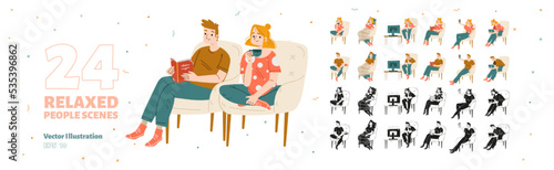 Relaxed people rest at home. Man and girl sitting in chair sleep, read book, drink coffee, watch tv, use tablet and take selfie on mobile phone, vector black and white and colored hand drawn set