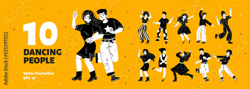 Happy dancing men and women set. Diverse happy characters, excited young persons have fun and dance isolated on yellow background, vector black and white hand drawn illustration