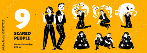 Scared and frightened people afraid shadows or ghosts, hide under blankets. Terrified characters in panic isolated on yellow background, vector black and white hand drawn illustration