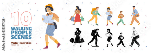 Walking people scenes set. Woman with shopping bags, girl tourist with map, delivery man with backpack on skateboard, school boy and businessman, vector black and white, colored sketch illustration