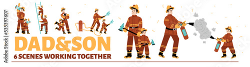 Dad and son fire fighters working together. Father and kid wear uniform fighting with blaze. Firemen climb ladder, use extinguisher, water hose, loudspeaker and axe, Cartoon linear flat vector set