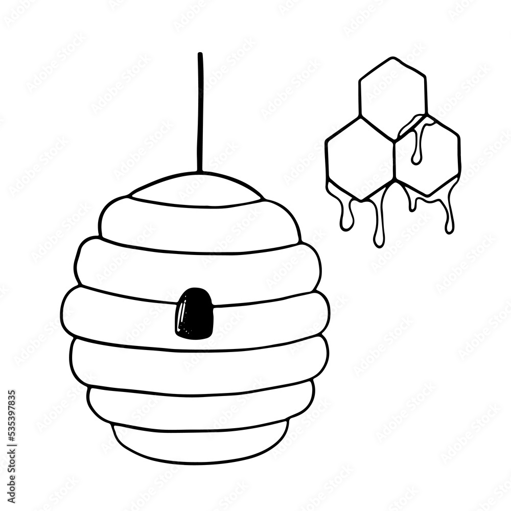 Beehive and honeycombs with drops of honey doodle icon. Hand drawn vector illustration isolated on white background. Beehive and honeycombs with drops of honey doodle icon. Hand drawn vector illustration isolated on white background.