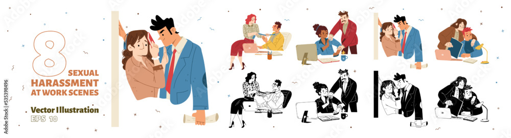 Scenes of sexual harassment in office. Sexual assault, unwanted touches, inappropriate behavior at workplace with boss harassing employee, vector black and white, colored illustration Scenes of sexual harassment in office. Sexual assault, unwanted touches, inappropriate behavior at workplace with boss harassing employee, vector black and white, colored illustration