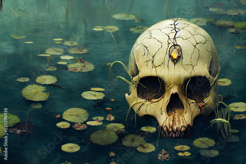 decaying skull in the lake with lili pads, gothic, fantasy halloween illustration, concept art