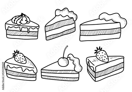 cake, slice, line, doodle, drawing, art, strawberry, vector, illustration, white, black, icon, hand, outline, drawn, piece, sweet, background, design, food, birthday, chocolate, restaurant, happy, cel