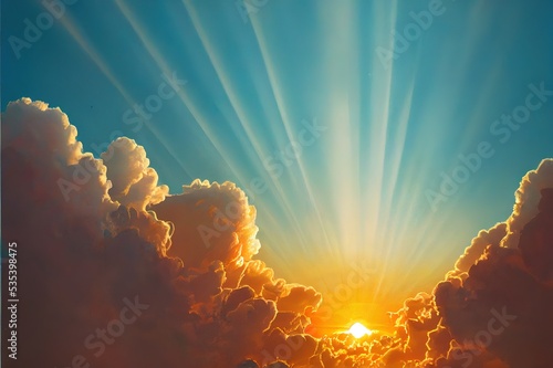 The sky has the light of the sun, the sky is blue, there are small and large clouds alternating and moving slowly, with the sunlight passing, creating a miraculous abstract shape, a hot day.. High