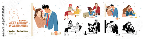 Scenes of sexual harassment in office. Sexual assault, unwanted touches, inappropriate behavior at workplace with boss harassing employee, vector black and white, colored illustration