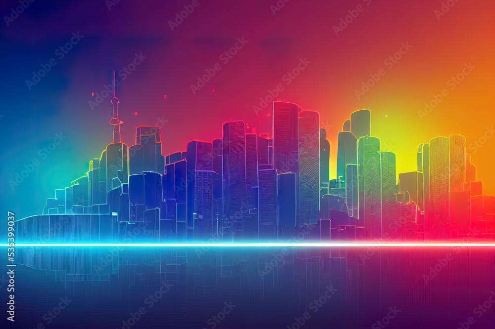 illustration urban architecture, cityscape with space and neon light effect. Modern hi tech, science, futuristic technology concept. Abstract digital high tech city design for banner background. High