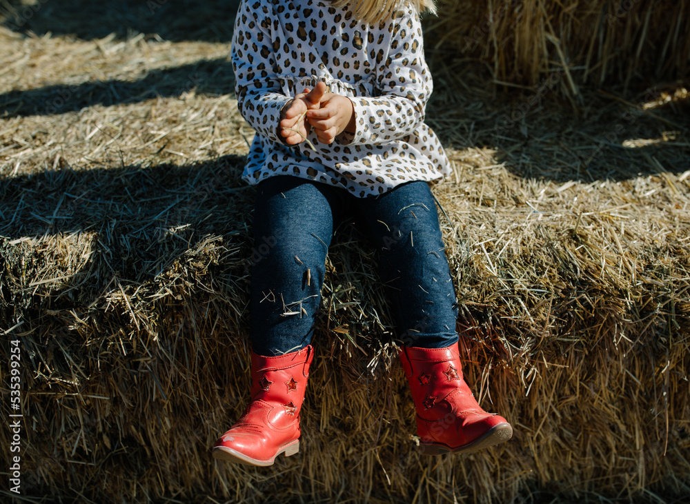 little girl in red cowgirl boots sitting on a hay bale at a farm little girl in red cowgirl boots sitting on a hay bale at a farm