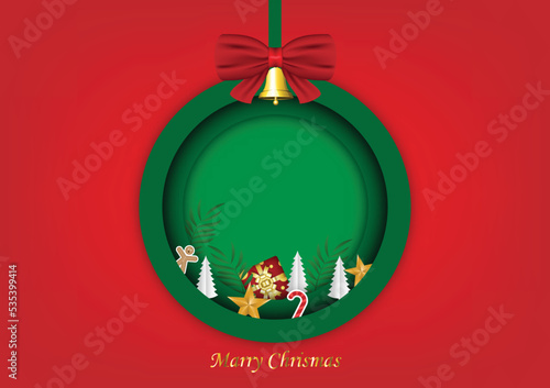 Christmas and New Year greeting cards with xmas decoration. Winter Holiday Posters or banners design in modern realistic style with fir branches, gift boxes, christmas tree toys, stly paper cut.  photo