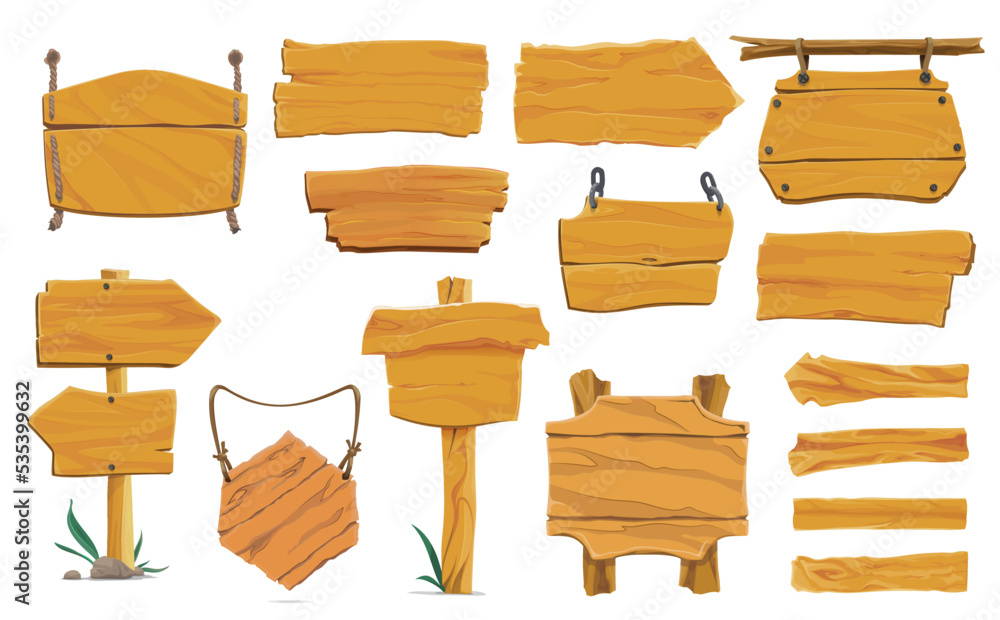 Cartoon wooden signs, vector wood planks, boards, banners and signboards on posts with old wooden texture. Hanging signs and signposts with ropes, nails and chains, rocks and green grass, game assets Cartoon wooden signs, vector wood planks, boards, banners and signboards on posts with old wooden texture. Hanging signs and signposts with ropes, nails and chains, rocks and green grass, game assets