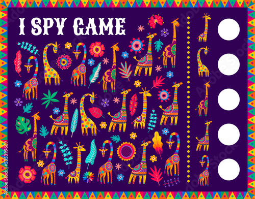 I spy kids game worksheet with african giraffes, flowers and leaves. Children calculation game, child object finding and counting puzzle or quiz vector worksheet with giraffe animal, floral ornament