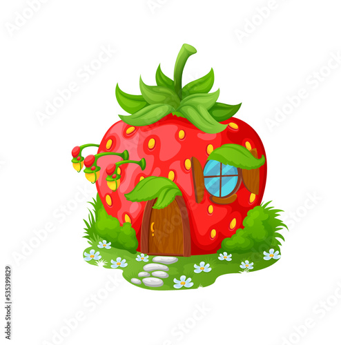 Strawberry fairytale home building of elf dwelling, gnome home hut, cartoon vector. Fairy tale house of dwarf gnome or elf in strawberry berry with garden, door lamps and window