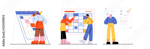 Tasks schedule business concept with people making notes and planing affairs in calendar or todo list for month or week. Work, important events, meetings and job plan Line art flat vector illustration