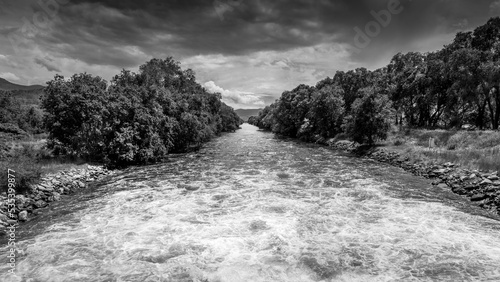 Black and White photo of the Okanagen River Channel at one of the many weirs between the towns of Oliver and Osoyoos, British Columbia, Canada photo