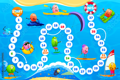 Kids step board game, cartoon vitamin and mineral characters on beach vacations, vector tabletop. Dice race step game or start and finish kids quiz with micronutrients natrium, calcium and iron pills