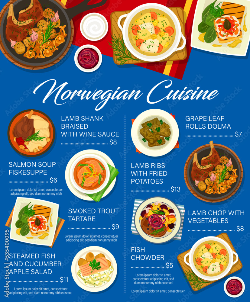 Norwegian cuisine menu vector design with meat, fish and vegetable food dishes. Lamb with fried potatoes and wine sauce, smoked trout tartare, grape leaf rolls and salmon soup, soured milk and chowder Norwegian cuisine menu vector design with meat, fish and vegetable food dishes. Lamb with fried potatoes and wine sauce, smoked trout tartare, grape leaf rolls and salmon soup, soured milk and chowder