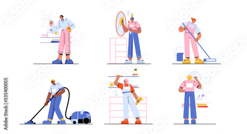Cleaning service at home, janitors team in uniform housekeeping work with tools, maids clean living room and bathroom. Professional company workers with tools cleanup, Line art vector illustration
