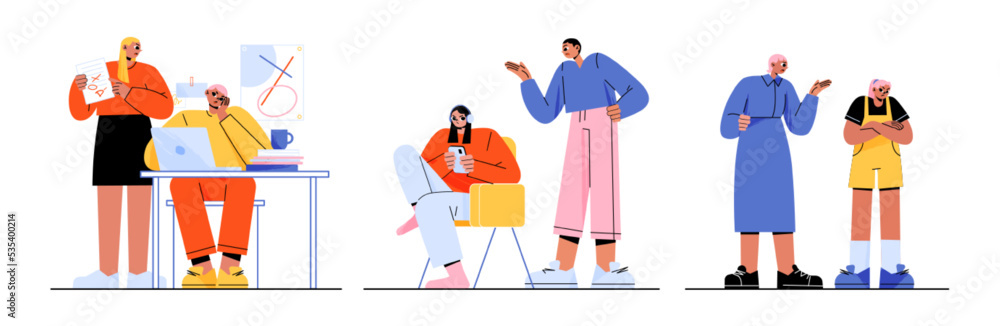 Teenage and parent relation problems. Mother and father scolding and blaming kids. Scenes of misunderstanding, dependence on gadgets, teenagers ignoring mom or dad, Line art flat vector Illustration