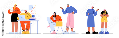 Teenage and parent relation problems. Mother and father scolding and blaming kids. Scenes of misunderstanding, dependence on gadgets, teenagers ignoring mom or dad, Line art flat vector Illustration