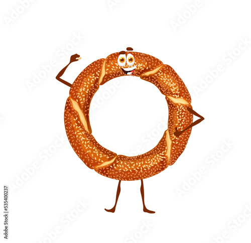 Cartoon turkish bagel simit character. Funny vector bakery with sesame, isolated cheerful confectionery personage for kids cafe menu. Pastry or dessert with sprinkles, cute patisserie character