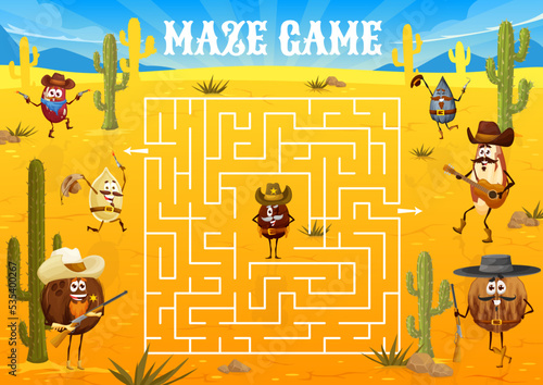 Wild west labyrinth maze quiz. Cartoon cowboy, bandit and ranger nut characters at the desert. Child maze worksheet with coffee bean, sunflower seed walnut and coconut cowboy personages