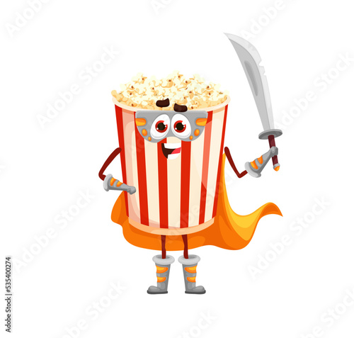 Cartoon funny popcorn defender character. Cute fast food dessert hero personage wearing mask and cloak, armed with sword or sabre weapon. Isolated funny pop corn cheerful warrior vector character
