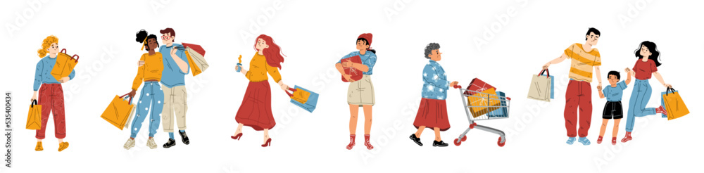 People shopping, visitors with trolley and paper bags buying purchases in shop, mall or boutique isolated set. Men, women and kids customers purchasing in store Cartoon linear flat vector illustration