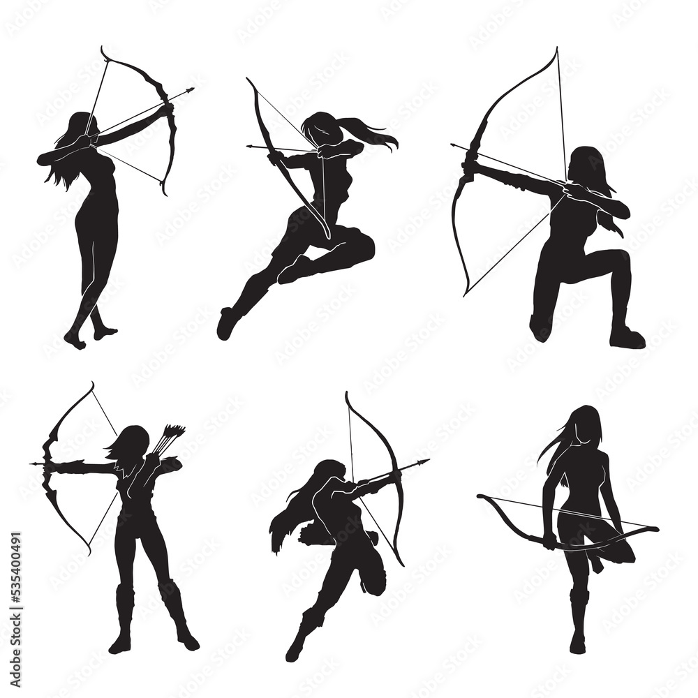 Set Of Woman Archer Silhouette Female Archer Warrior Vector