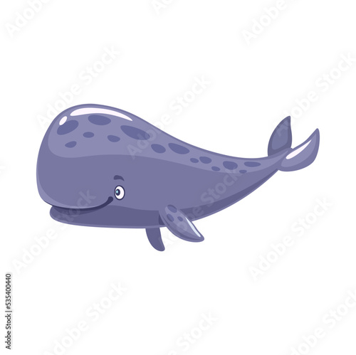 Cartoon cachalot or sperm whale character, cute sea water animal or happy ocean fish vector personage. Marine underwater mammal, funny toothed whale character with blue spotted skin, tail and fin