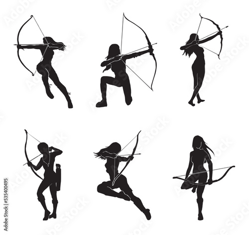 Set of woman Archer Silhouette. female archer warrior - Vector Illustration