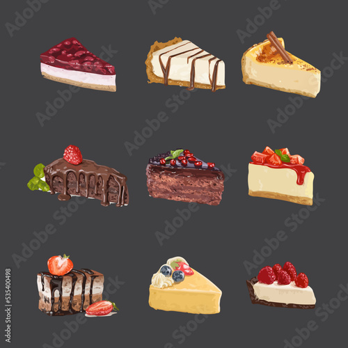Sweet cakes slices pieces. Hand drawn watercolor vector illustration