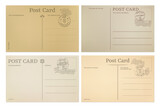Vintage postcard, post card templates of back background, vector postal stamps. Old retro postcard or paper letter, blank postage mail or travel post cards from Barcelona, Bayern and Kentucky
