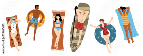 People sunbathe on beach top view, float on inflatable rings, sup board and mattresses in sea or pool. Diverse male and female characters tanning on mats, Cartoon linear flat vector illustration, set