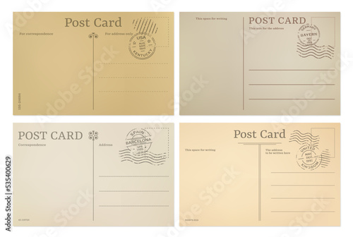 Vintage postcard, post card templates of back background, vector postal stamps. Old retro postcard or paper letter, blank postage mail or travel post cards from Barcelona, Bayern and Kentucky