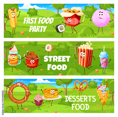 Cartoon fast food and desserts characters on summer party. Fastfood vector personages of funny chicken legs bucket, cocktail drink, bubble waffle ice cream and popcorn, dessert in jar and sushi rolls