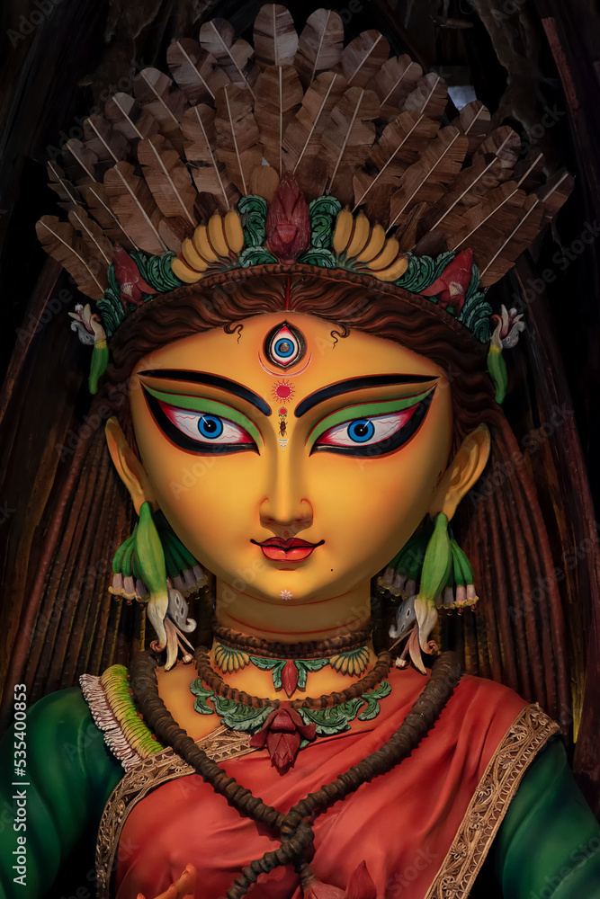 Idol of Goddess Devi Durga at a decorated puja pandal in Kolkata, West