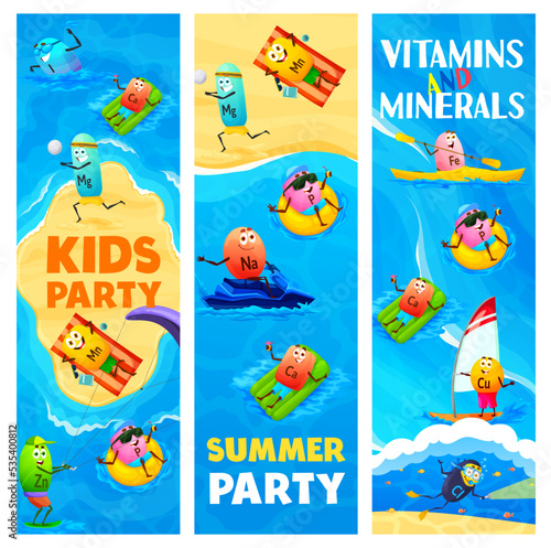 Cartoon vitamin and mineral characters on beach vacations, vector banners. Micronutrients on summer holidays at sea, iodine swimming, iron pill on kayak and natrium with potassium on jet ski scooter