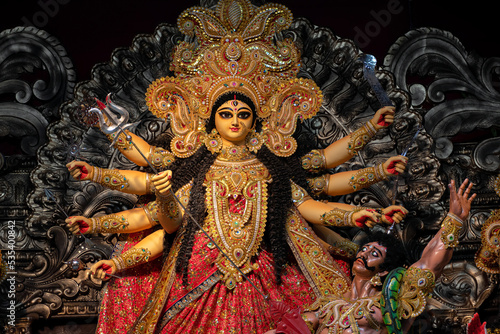 Canvas Print Idol of Goddess Devi Durga at a decorated puja pandal in Kolkata, West Bengal, India