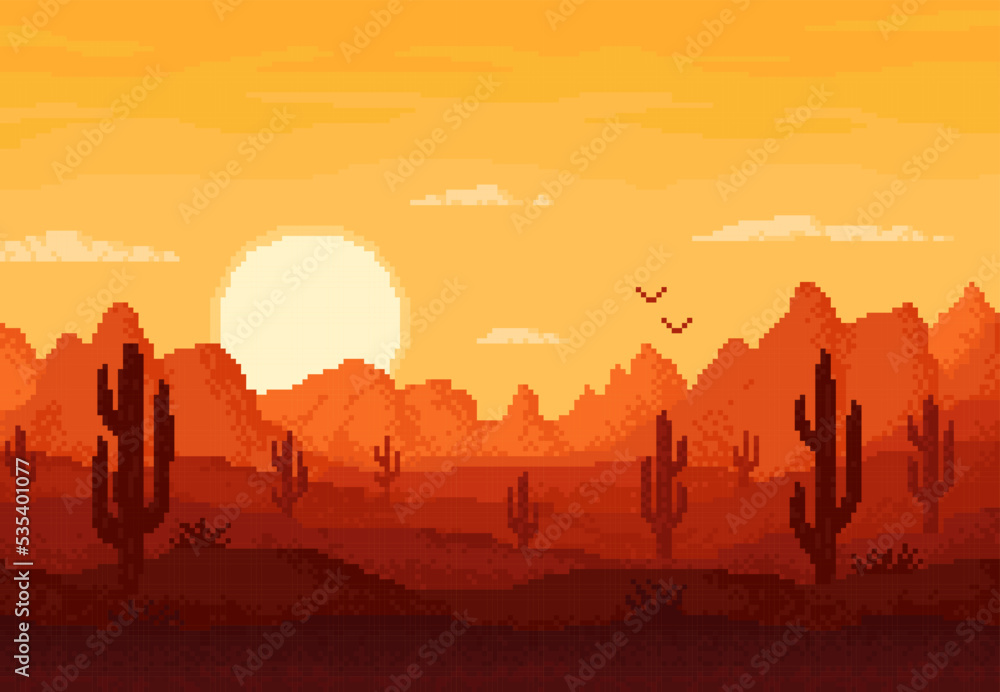 8bit pixel desert landscape, arcade game level vector background with mountains and sunset. 8 bit pixel art game cartoon landscape of Arizona or Texas desert with canyon rocks, cactus, birds and sun