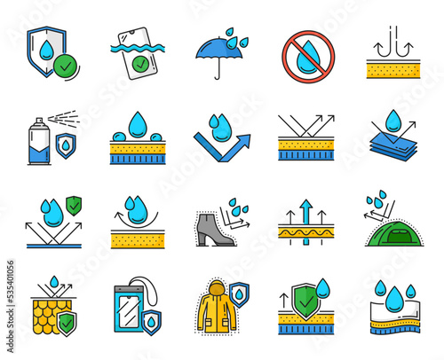 Waterproof icons of water proof fabrics, color line symbols of drops and shield. Isolated vector waterproof of weather resistant linear icons and umbrella pictograms for water proof material and wear