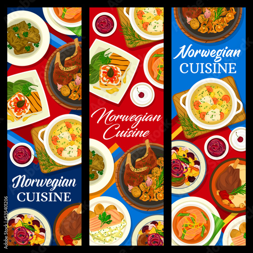 Norwegian cuisine banners with vector dishes of salmon fish soup and chowder, meat chops with fried vegetables and wine sauce. Trout tartare, cucumber apple salad, grape leaf rolls and soured milk