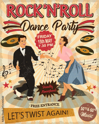 Rock and Roll Dance Party retro poster with dancing couple man and woman.