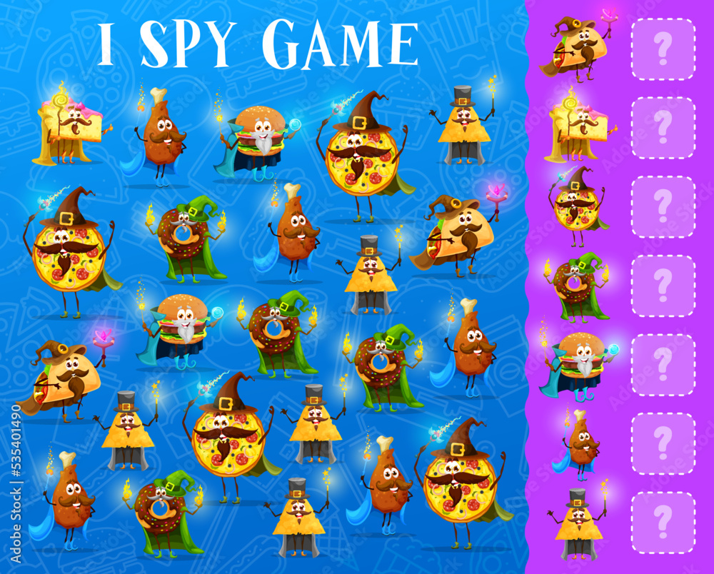 I spy game worksheet, cartoon takeaway fast food mage and wizard