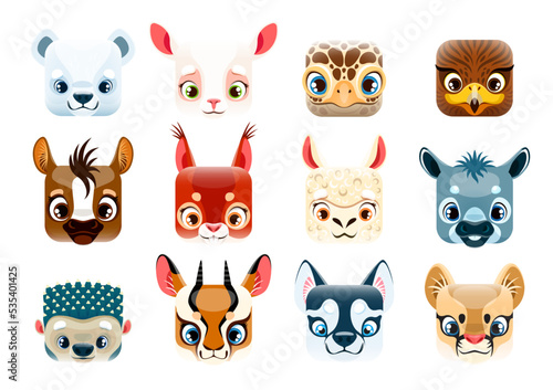 Cartoon kawaii square animal faces  emoticons and smiles  vector icons. Cute happy kawaii animals emoji of bear  turtle  eagle bird and baby deer with squirrel  wolf or donkey and lama or sheep lamb