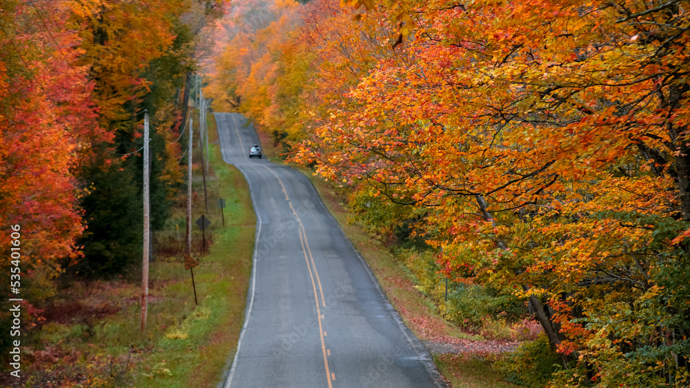 Bright autumn trees along scenic byway in Black river national forest in Michigan upper peninsula