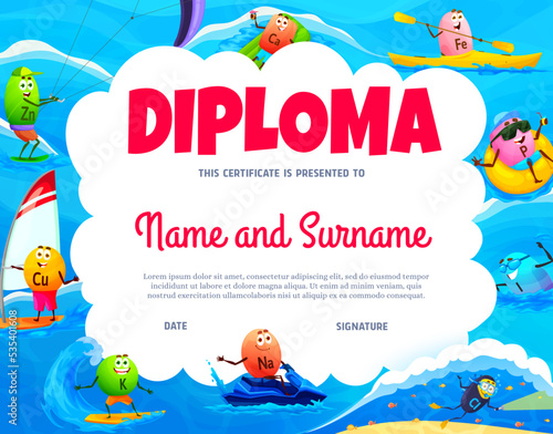 Kids diploma, cartoon vitamin and mineral characters on beach vacations, vector award certificate. School appreciation diploma with funny micronutrient pills, zinc on kitesurfing, iron on kayak © Vector Tradition