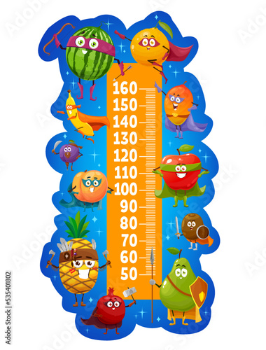 Kids height chart cartoon fruits superhero characters, growth meter. Vector wall sticker with watermelon, orange, mango, apple and plum, pear, garnet and pineapple, apricot or kiwi, banana characters