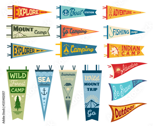 Camping pennant flags, camp pendants and outdoor sport club vector banners. Scout summer camping, kayak or boat station, fishing and mountain hiking camp pennant flag, tourism banners photo